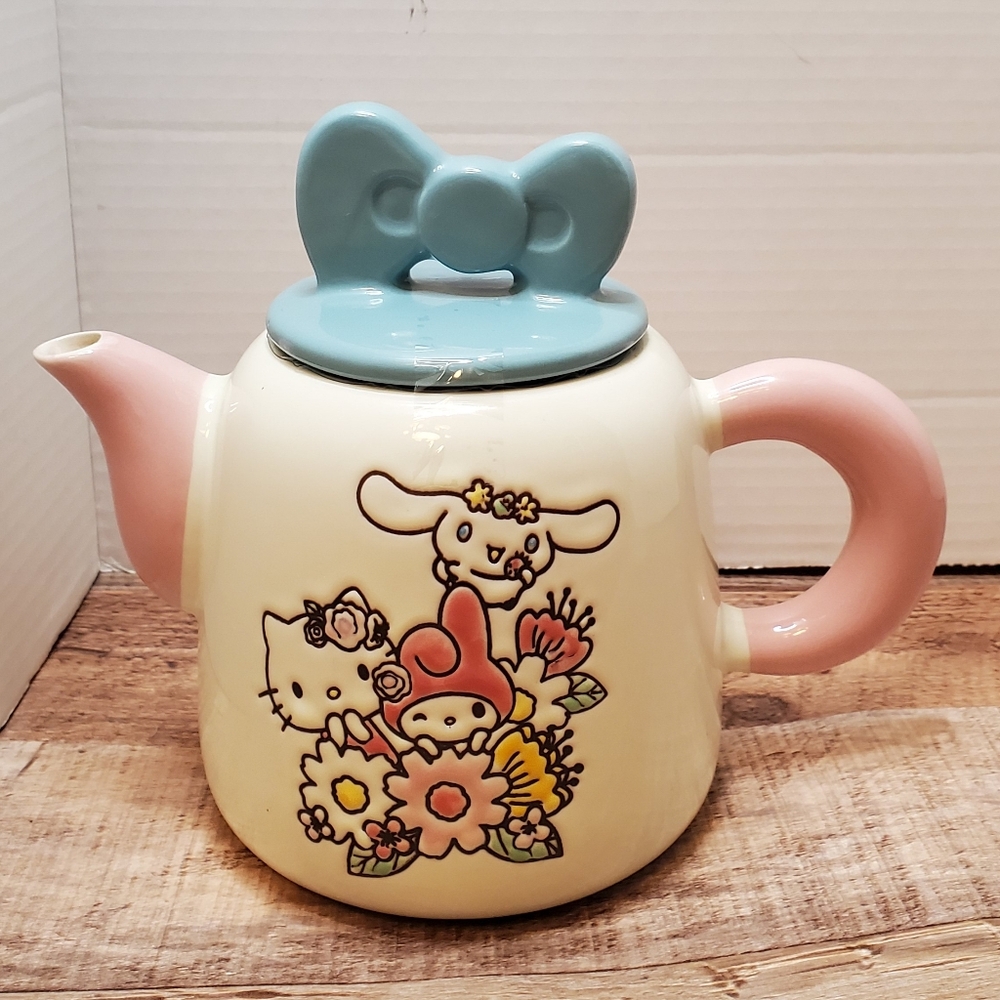 Blue Sky Hello Kitty and Friends Teapot with Lid Porcelain teal bow.NWOT